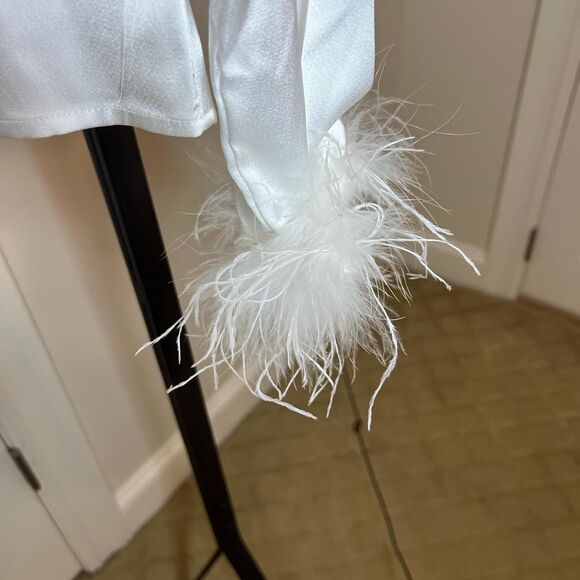 Nasty Gal Women's White Feather Cuff Satin Button Down Blouse - Picture 4 of 4